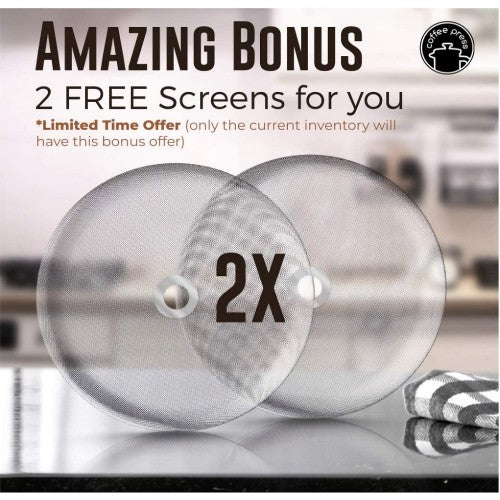 French Coffee Press, 32oz Stainless Steel Coffee Maker, Double Filter, 2 Bonus Screens (8 Cup) French Coffee Press, 32oz Stainless Steel Coffee Maker, Double Filter, 2 Bonus Screens (8 Cup)